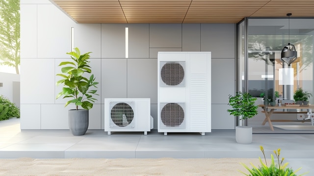 Sistema de aerotermia con unidad exterior de bomba de calor aire-agua instalada en vivienda moderna