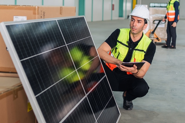 Técnico revisando la calidad de un panel solar durante una instalación energética profesional