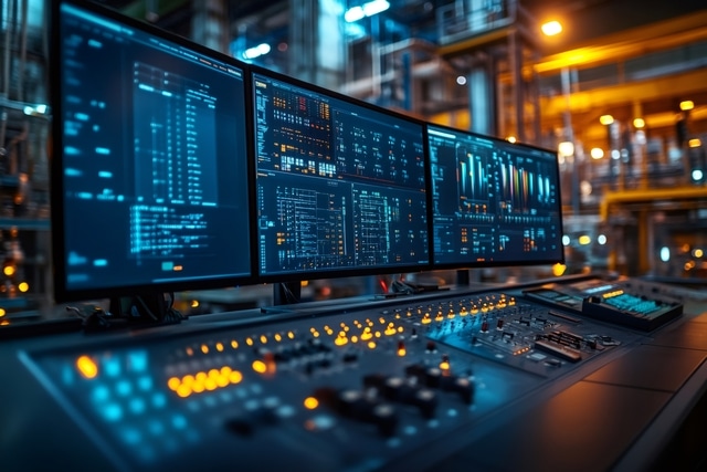 Sala de control industrial con sistema SCADA para monitorización y gestión energética en tiempo real