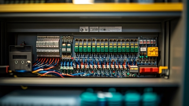 Cuadro eléctrico de baja tensión con protecciones modulares y cableado ordenado en entorno industrial
