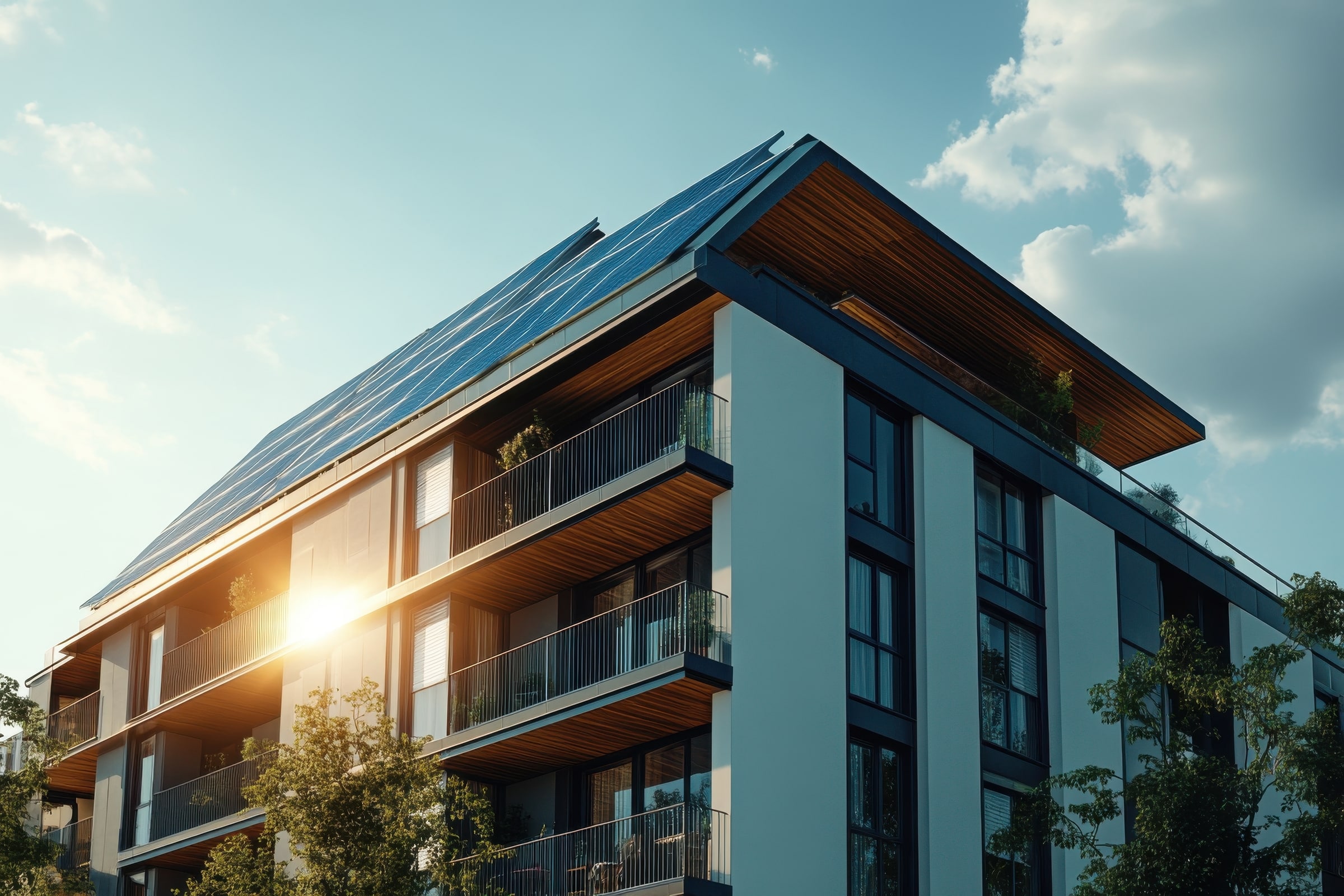 Edificio residencial con instalación de paneles solares para autoconsumo en comunidades de vecinos