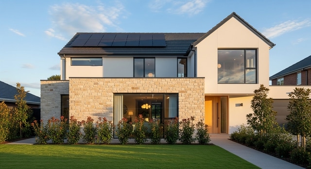 Vivienda sostenible con paneles solares integrada en arquitectura eficiente